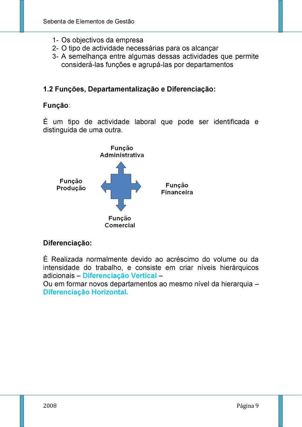 2 Funções, Departamentalização e Diferenciação: Função: É um tipo de actividade laboral que pode ser identificada e distinguida de uma outra.