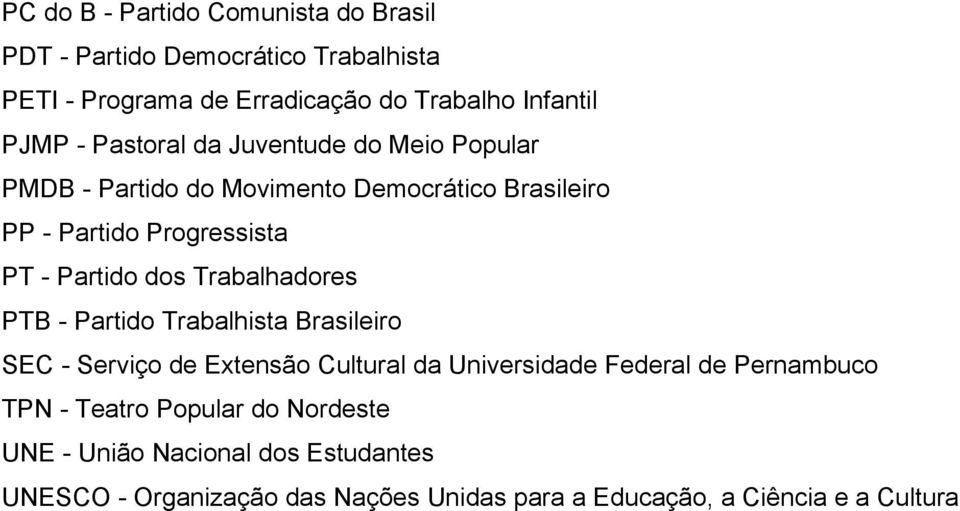Trabalhadores PTB - Partido Trabalhista Brasileiro SEC - Serviço de Extensão Cultural da Universidade Federal de Pernambuco TPN -