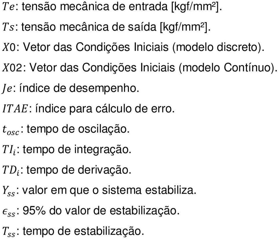 Je: índice de desempenho. ITAE: índice para cálculo de erro. t : tempo de oscilação.