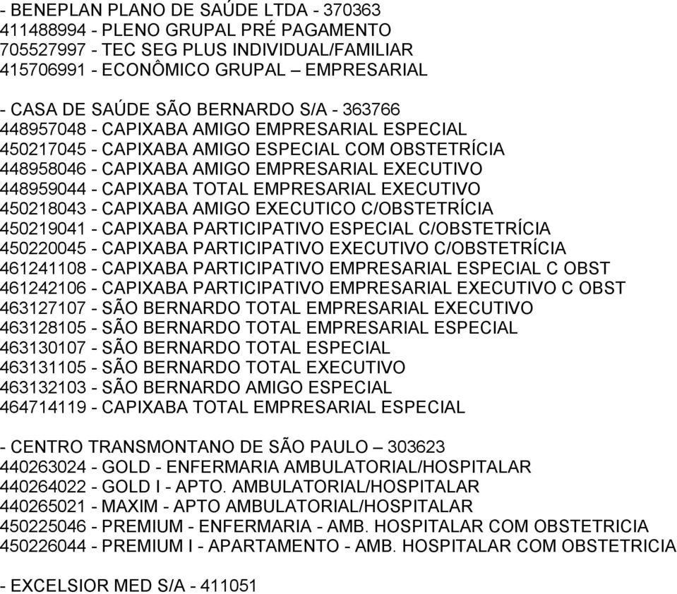 EXECUTIVO 450218043 - CAPIXABA AMIGO EXECUTICO C/OBSTETRÍCIA 450219041 - CAPIXABA PARTICIPATIVO ESPECIAL C/OBSTETRÍCIA 450220045 - CAPIXABA PARTICIPATIVO EXECUTIVO C/OBSTETRÍCIA 461241108 - CAPIXABA