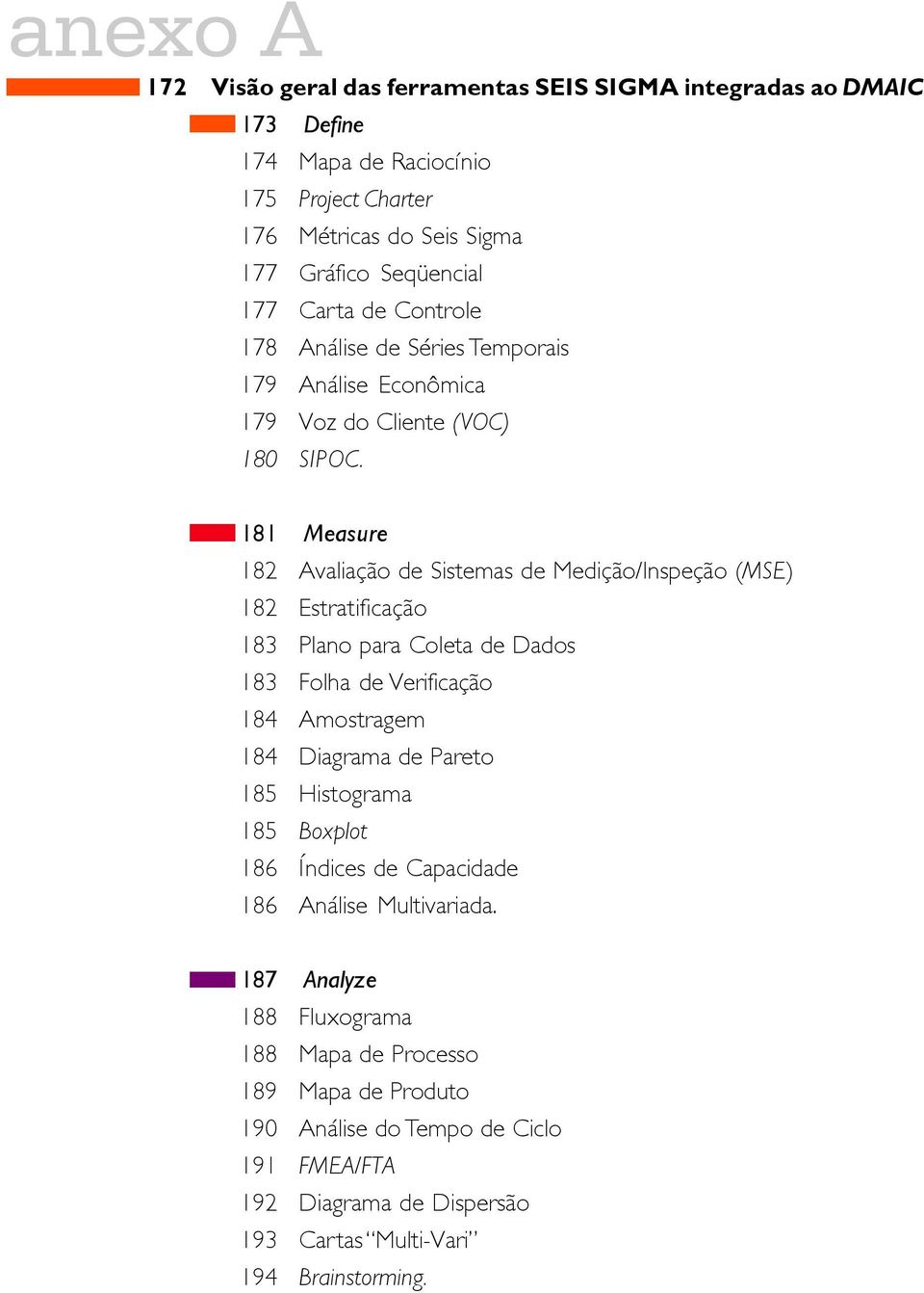 181 Measure 182 Avaliação de Sistemas de Medição/Inspeção (MSE) 182 Estratificação 183 Plano para Coleta de Dados 183 Folha de Verificação 184 Amostragem 184 Diagrama de Pareto