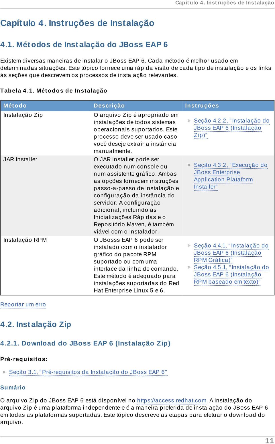 Tabela 4.1. Métodos de Instalação Método Descrição Instruções Instalação Zip JAR Installer Instalação RPM O arquivo Zip é apropriado em instalações de todos sistemas operacionais suportados.