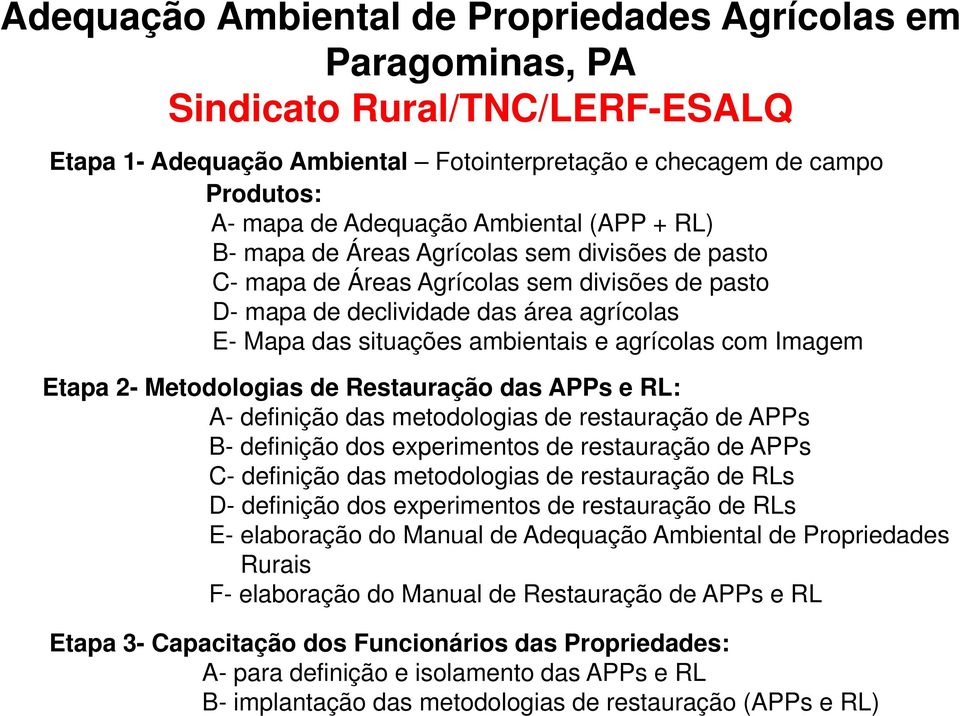 agrícolas com Imagem Etapa 2- Metodologias de Restauração das APPs e RL: A- definição das metodologias de restauração de APPs B- definição dos experimentos de restauração de APPs C- definição das