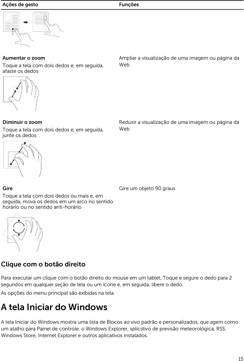 anti-horário Gire Gire um objeto 90 graus Clique com o botão direito Para executar um clique com o botão direito do mouse em um tablet, Toque e segure o dedo para 2 segundos em qualquer seção de tela