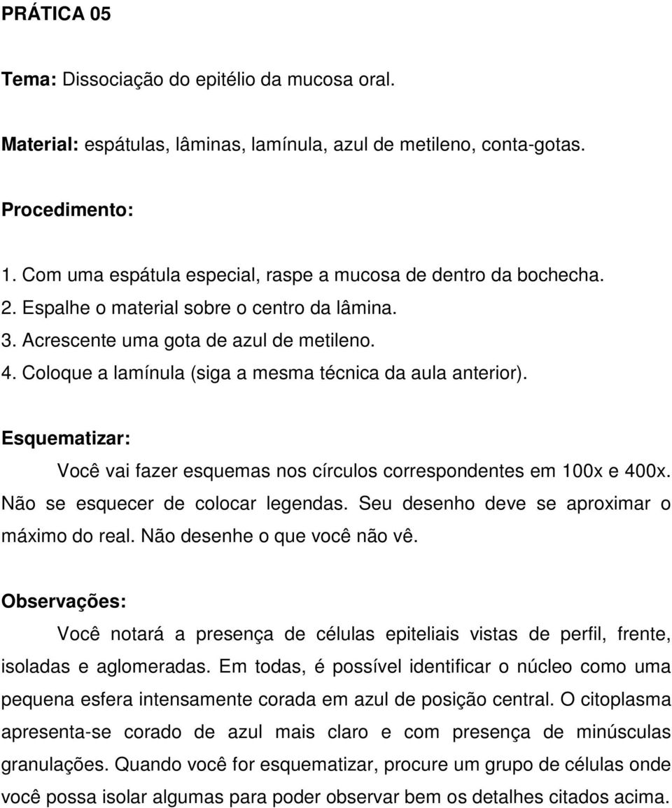 Coloque a lamínula (siga a mesma técnica da aula anterior). Esquematizar: Você vai fazer esquemas nos círculos correspondentes em 100x e 400x. Não se esquecer de colocar legendas.