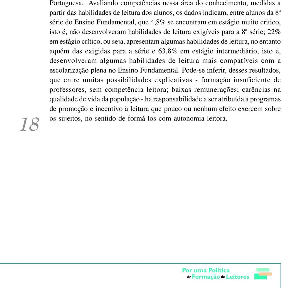 estágio muito crítico, isto é, não desenvolveram habilidades de leitura exigíveis para a 8ª série; 22% em estágio crítico, ou seja, apresentam algumas habilidades de leitura, no entanto aquém das