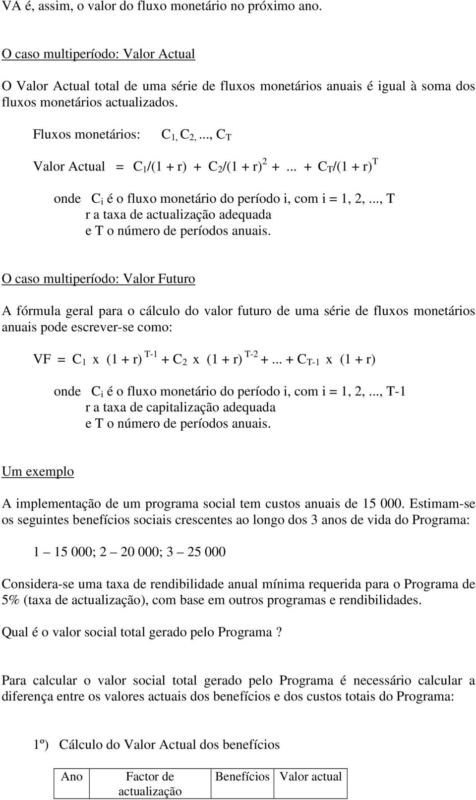 .., C T Valor Actual = C 1 /(1 + r) + C 2 /(1 + r) 2 +... + C T /(1 + r) T onde C i é o fluxo monetário do período i, com i = 1, 2,.