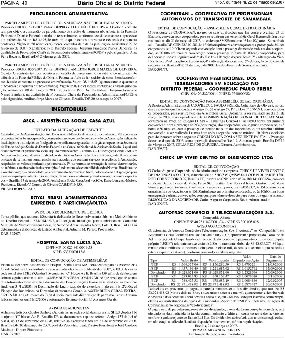 Objeto: O contrato tem por objeto a concessão de parcelamento de crédito de natureza não tributária da Fazenda Pública do Distrito Federal, a título de ressarcimento, conforme decisão constante no