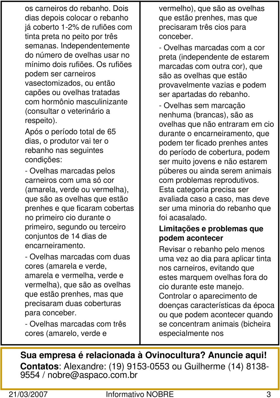 Após o período total de 65 dias, o produtor vai ter o rebanho nas seguintes condições: - Ovelhas marcadas pelos carneiros com uma só cor (amarela, verde ou vermelha), que são as ovelhas que estão