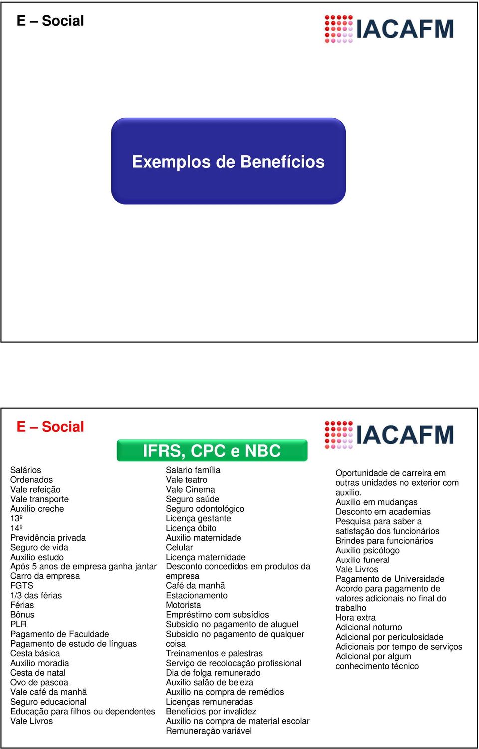 educacional Educação para filhos ou dependentes Vale Livros IFRS, CPC e NBC Salario família Vale teatro Vale Cinema Seguro saúde Seguro odontológico Licença gestante Licença óbito Auxilio maternidade