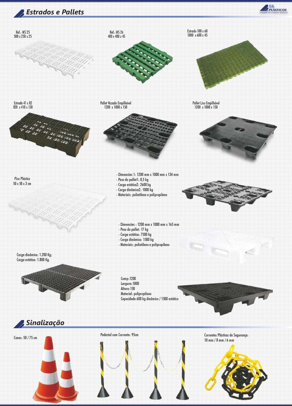 cm - Dimensões 1: 1200 mm x 1000 mm x 134 mm - Peso do pallet1: 8,5 kg - Carga estática2: 2600 kg - Carga dinâmica2: 1000 kg - Materiais: polietileno e polipropileno Carga dinâmica: 1.