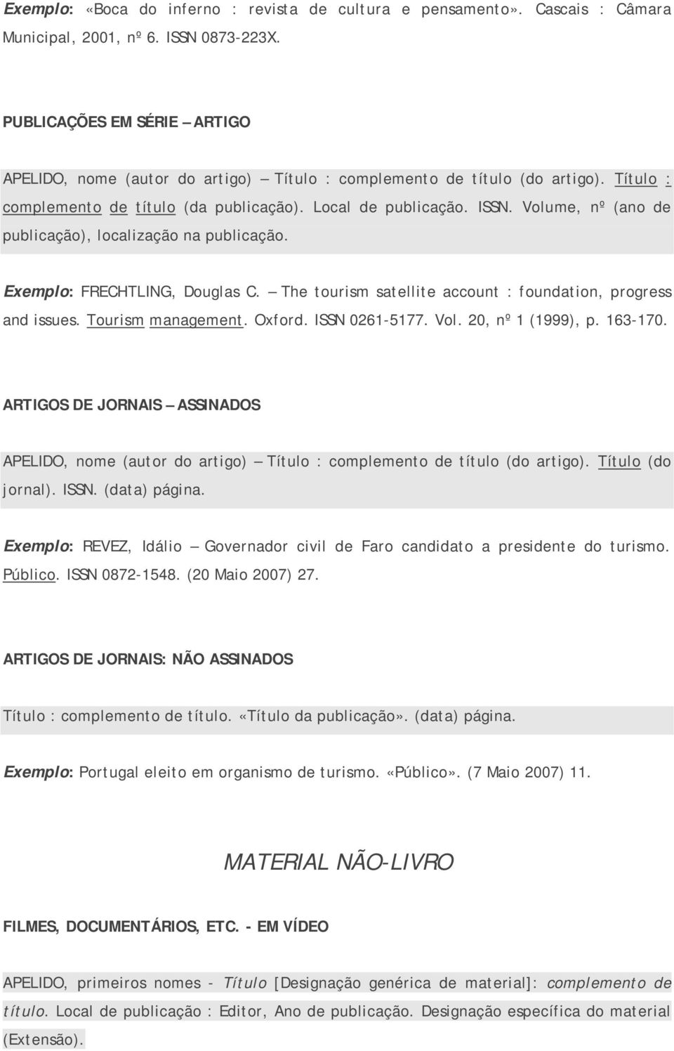 Volume, nº (ano de publicação), localização na publicação. Exemplo: FRECHTLING, Douglas C. The tourism satellite account : foundation, progress and issues. Tourism management. Oxford. ISSN 0261-5177.