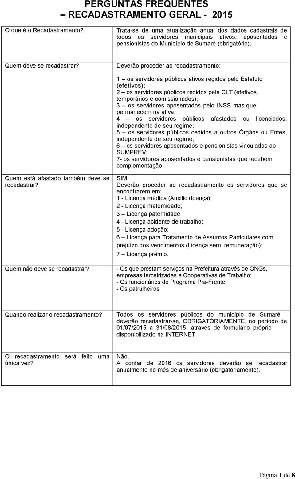 Deverão proceder ao recadastramento: 1 os servidores públicos ativos regidos pelo Estatuto (efetivos); 2 os servidores públicos regidos pela CLT (efetivos, temporários e comissionados); 3 os