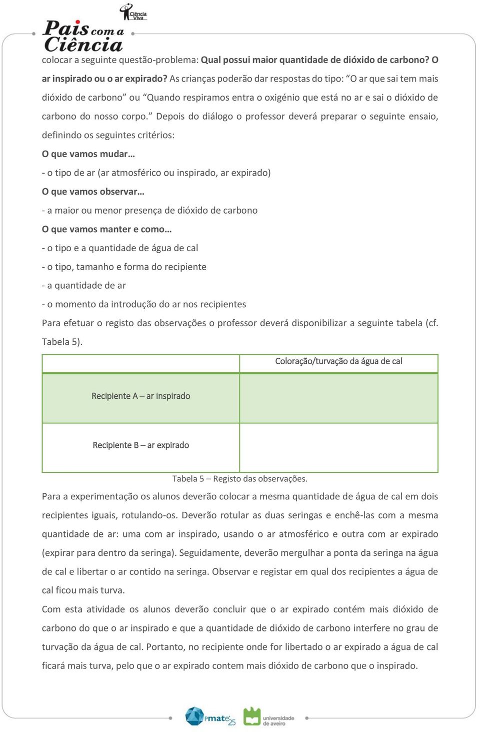 Depois do diálogo o professor deverá preparar o seguinte ensaio, definindo os seguintes critérios: O que vamos mudar - o tipo de ar (ar atmosférico ou inspirado, ar expirado) O que vamos observar - a