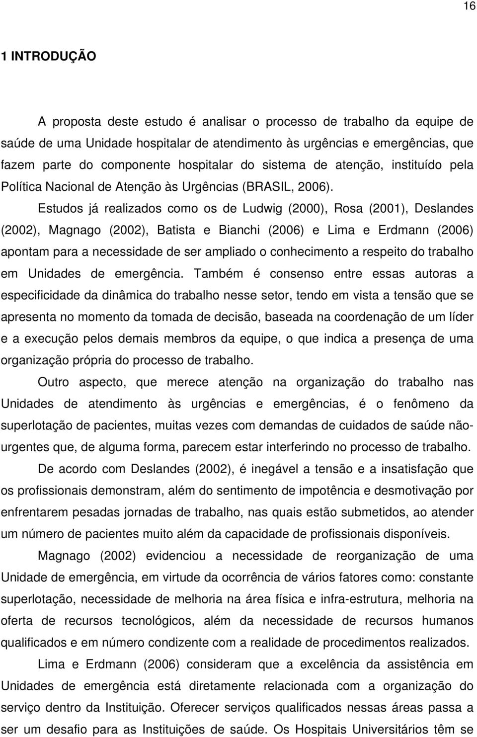 Estudos já realizados como os de Ludwig (2000), Rosa (2001), Deslandes (2002), Magnago (2002), Batista e Bianchi (2006) e Lima e Erdmann (2006) apontam para a necessidade de ser ampliado o