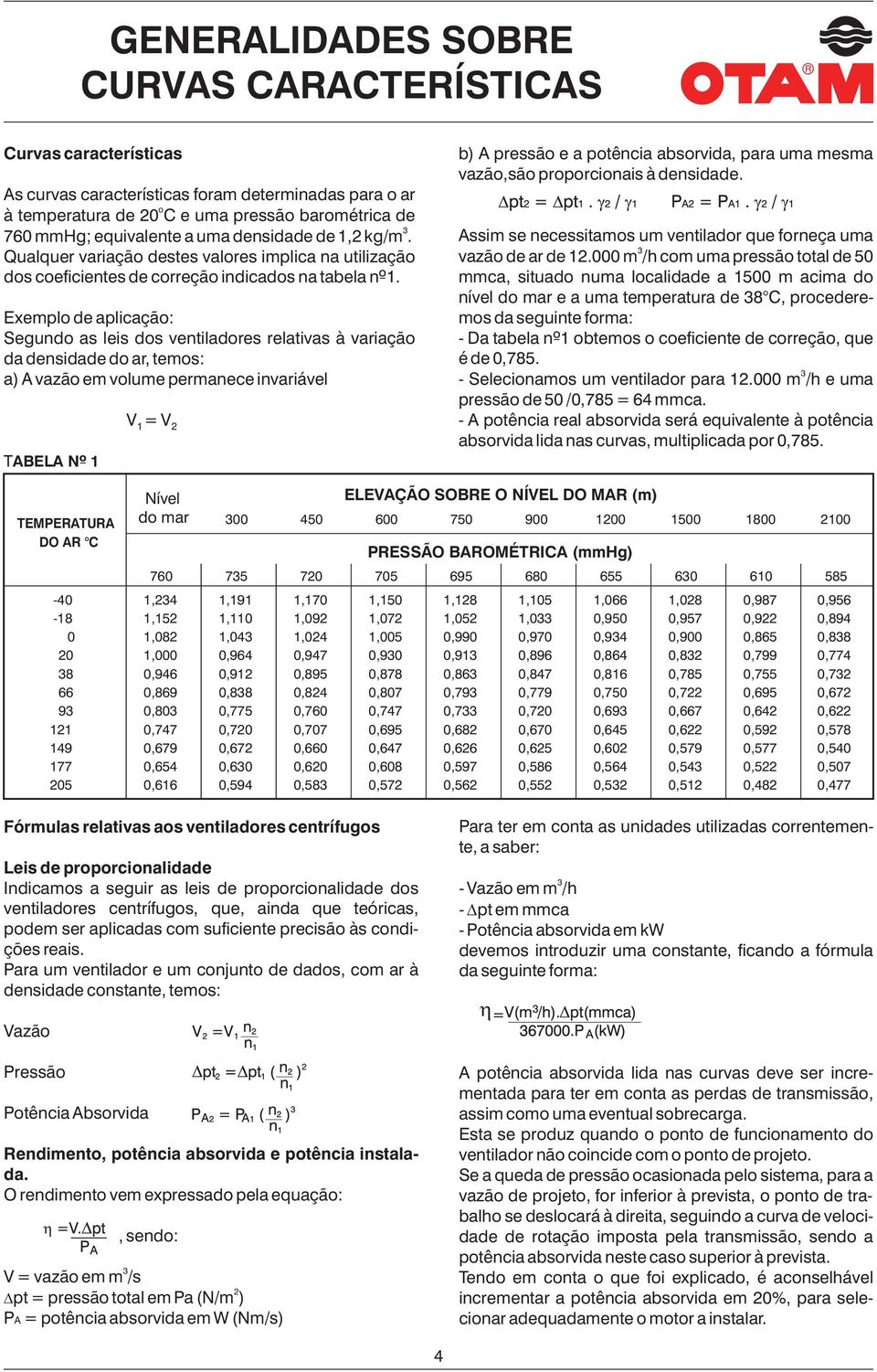 Exemplo de aplicação: Segundo as leis dos ventiladores relativas à variação da densidade do ar, temos: a) vazão em volume permanece invariável TBEL Nº 1 V = V 1 b) pressão e a potência absorvida,