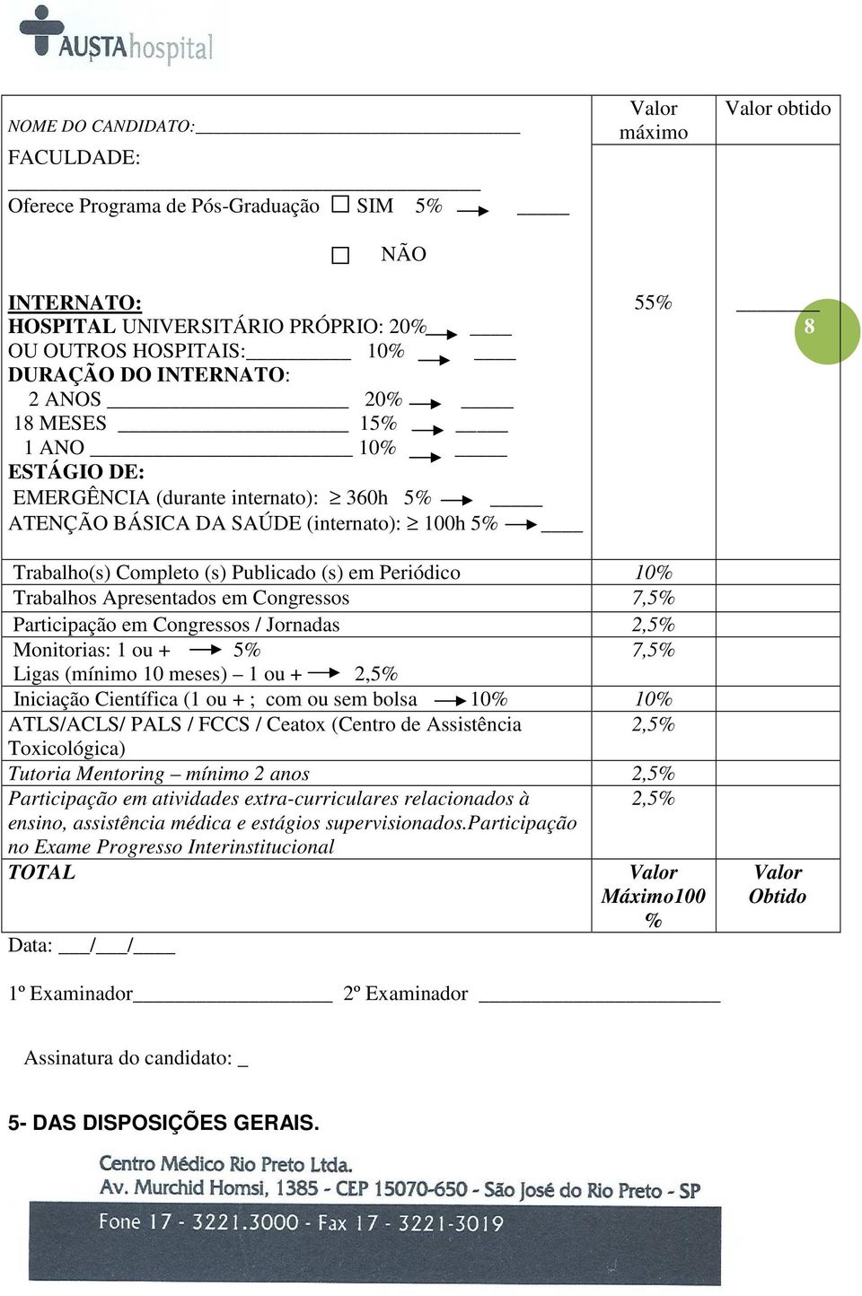 Trabalhos Apresentados em Congressos 7,5% Participação em Congressos / Jornadas 2,5% Monitorias: 1 ou + 5% 7,5% Ligas (mínimo 10 meses) 1 ou + 2,5% Iniciação Científica (1 ou + ; com ou sem bolsa 10%