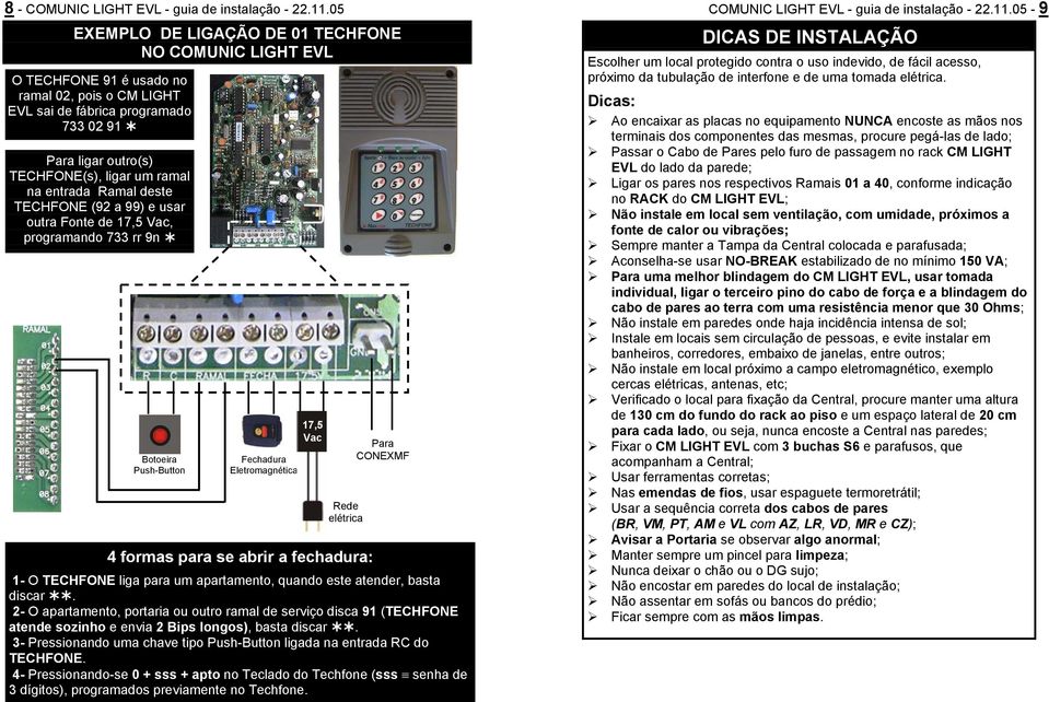 entrada Ramal deste TECHFONE (92 a 99) e usar outra Fonte de 17,5 Vac, programando 733 rr 9n Botoeira Push-Button Fechadura Eletromagnética 17,5 Vac Rede elétrica 4 formas para se abrir a fechadura: