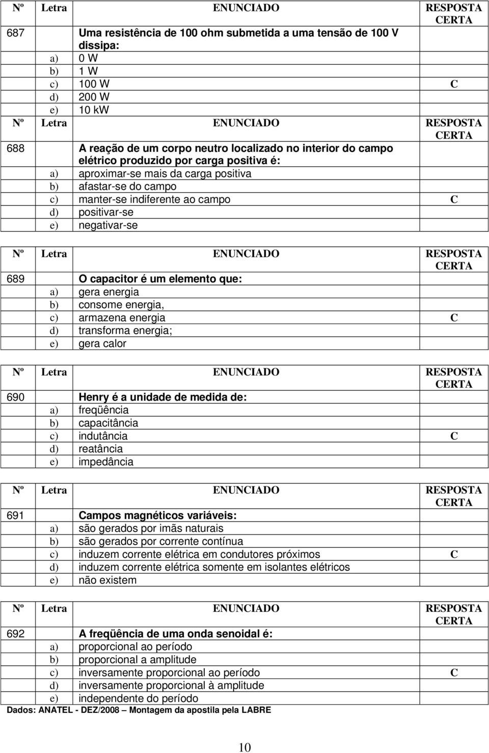 energia b) consome energia, c) armazena energia C d) transforma energia; e) gera calor 690 Henry é a unidade de medida de: a) freqüência b) capacitância c) indutância C d) reatância e) impedância 691