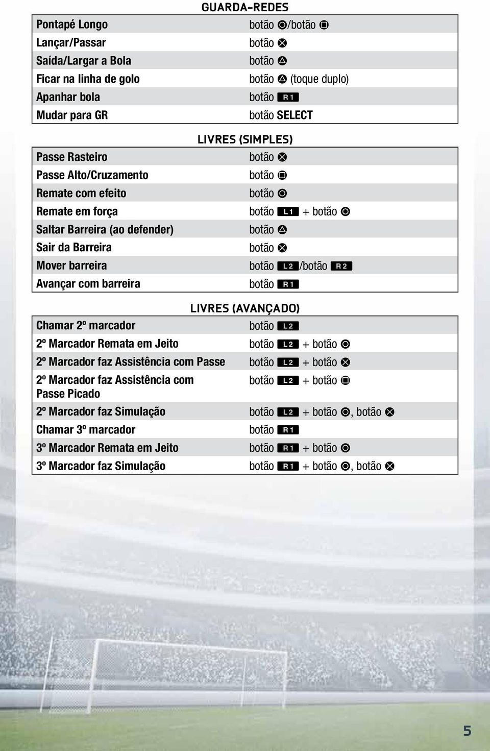 botão D botão S botão W/botão R botão E Chamar 2º marcador Livres (Avançado) botão W 2º Marcador Remata em Jeito botão W + botão A 2º Marcador faz Assistência com Passe botão W + botão S 2º Marcador