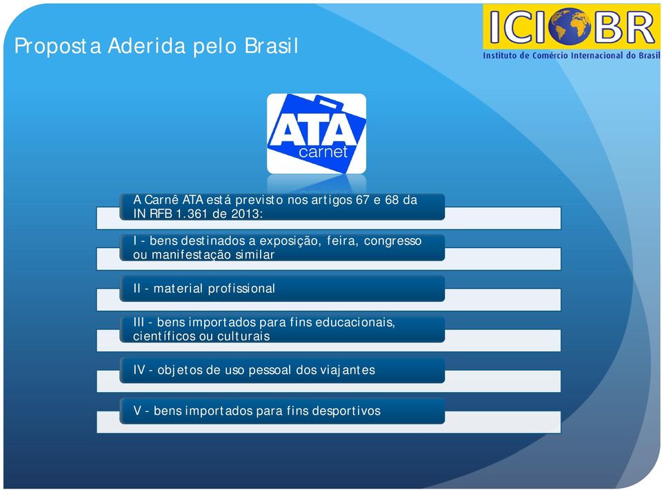 II - material profissional III - bens importados para fins educacionais, científicos ou