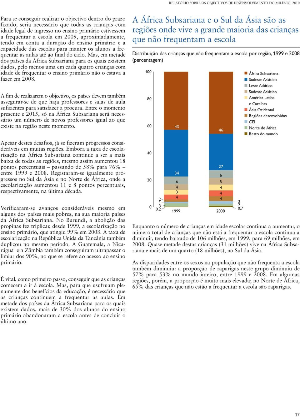 final do ciclo. Mas, em metade dos países da África Subsariana para os quais existem dados, pelo menos uma em cada quatro crianças com idade de frequentar o ensino primário não o estava a fazer em 08.