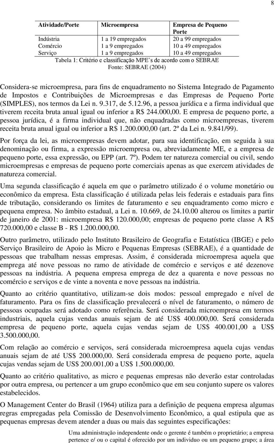 Microempresas e das Empresas de Pequeno Porte (SIMPLES), nos termos da Lei n. 9.317, de 5.12.96, a pessoa jurídica e a firma individual que tiverem receita bruta anual igual ou inferior a R$ 244.