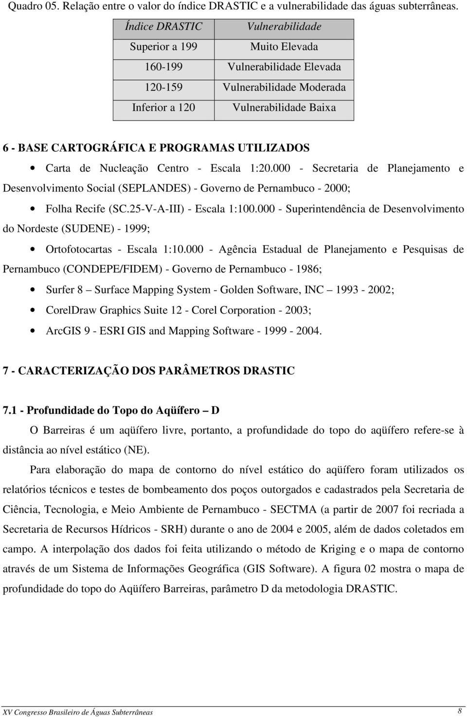 UTILIZADOS Carta de Nucleação Centro - Escala 1:20.000 - Secretaria de Planejamento e Desenvolvimento Social (SEPLANDES) - Governo de Pernambuco - 2000; Folha Recife (SC.25-V-A-III) - Escala 1:100.
