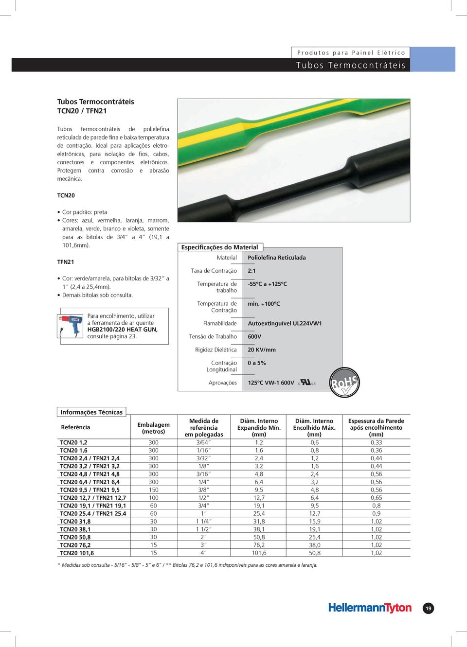 TCN padrão: preta es: azul, vermelha, laranja, marrom, amarela, verde, branco e violeta, somente para as bitolas de 3/4 a 4 (19,1 a 101,6mm).