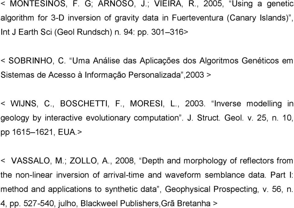 Inverse modelling in geology by interactive evolutionary computation. J. Struct. Geol. v. 25, n. 10, pp 1615 1621, EUA.> < VASSALO, M.; ZOLLO, A.