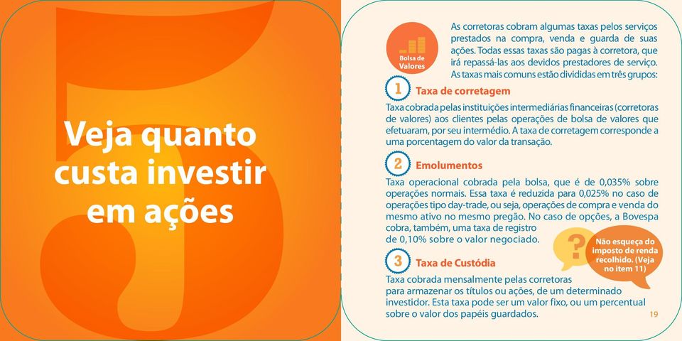 As taxas mais comuns estão divididas em três grupos: Taxa de corretagem Taxa cobrada pelas instituições intermediárias financeiras (corretoras de valores) aos clientes pelas operações de bolsa de