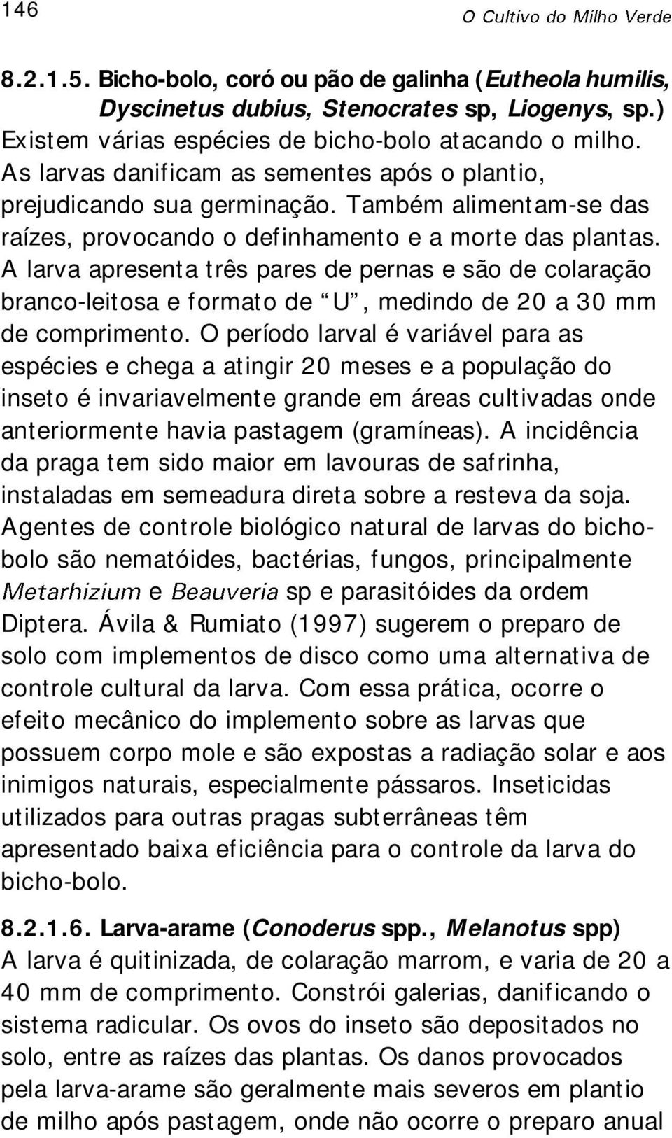 A larva apresenta três pares de pernas e são de colaração branco-leitosa e formato de U, medindo de 20 a 30 mm de comprimento.