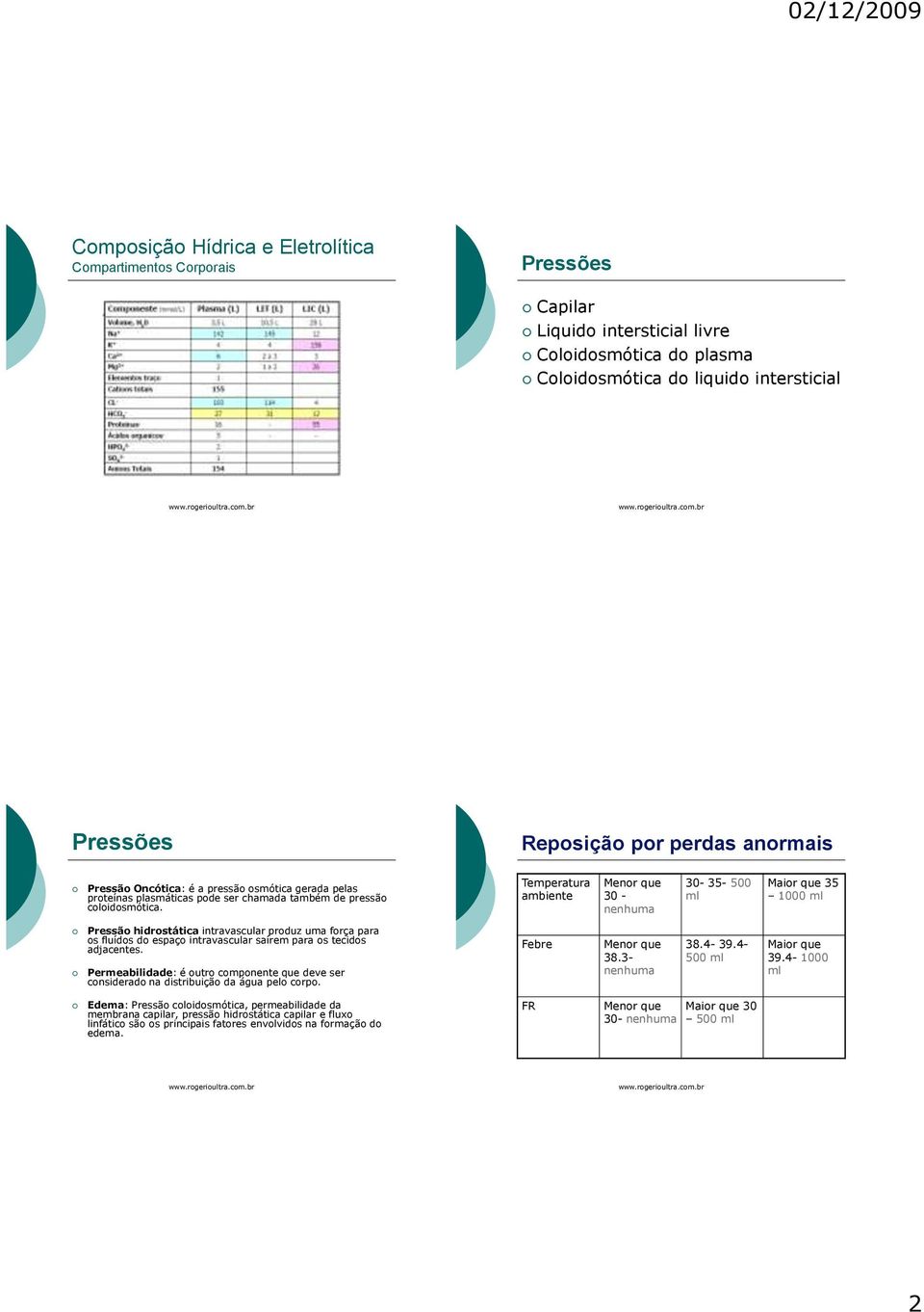 Temperatura ambiente Menor que 30 - nenhuma 30-35- 500 ml Maior que 35 1000 ml Pressão hidrostática intravascular produz uma força para os fluídos do espaço intravascular saírem para os tecidos