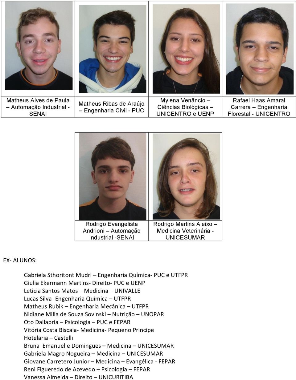 Giulia Ekermann Martins- Direito- PUC e UENP Leticia Santos Matos Medicina UNIVALLE Lucas - Engenharia Química UTFPR Matheus Rubik Engenharia Mecânica UTFPR Nidiane Milla de Souza Sovinski Nutrição