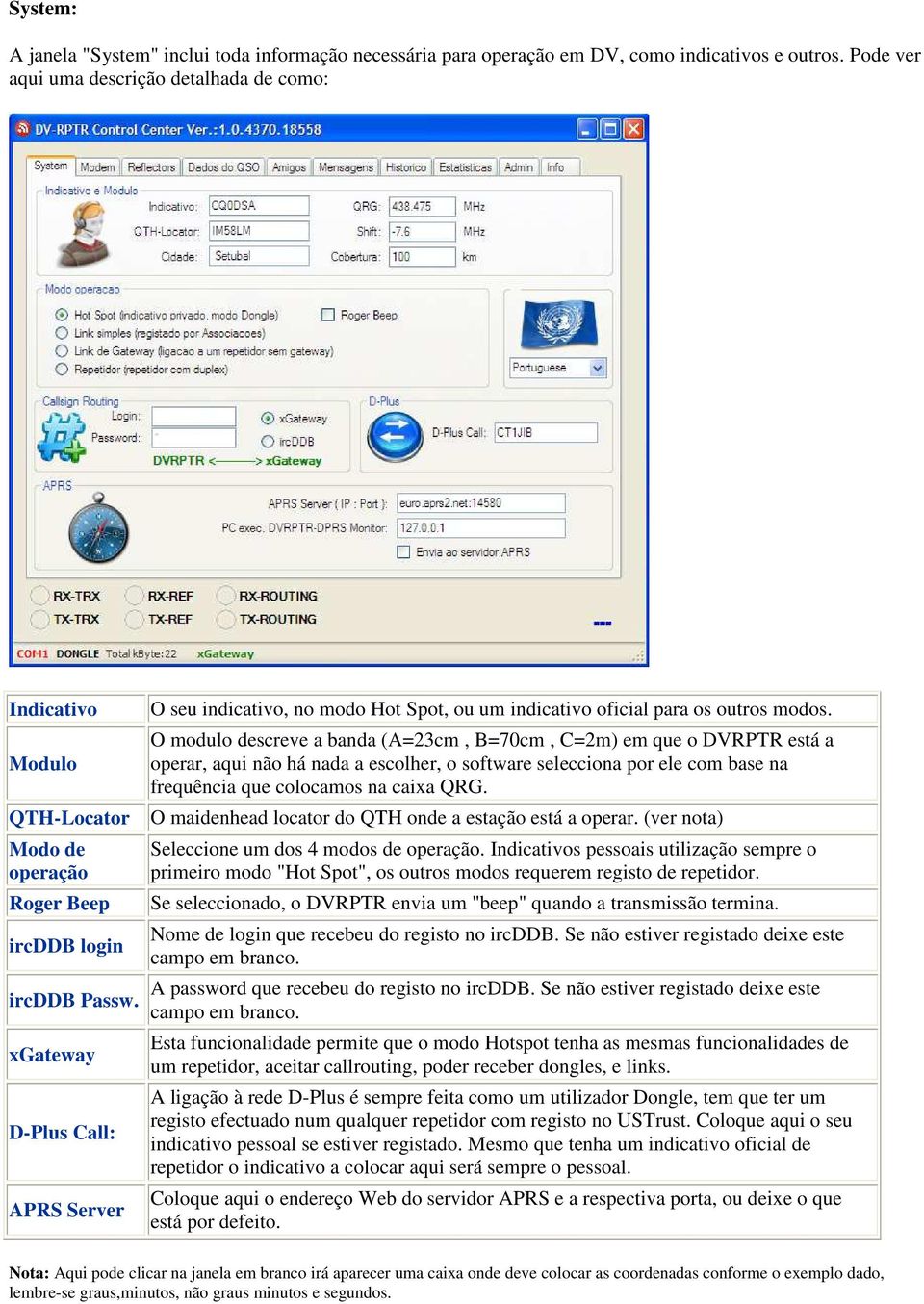 xgateway D-Plus Call: APRS Server O seu indicativo, no modo Hot Spot, ou um indicativo oficial para os outros modos.