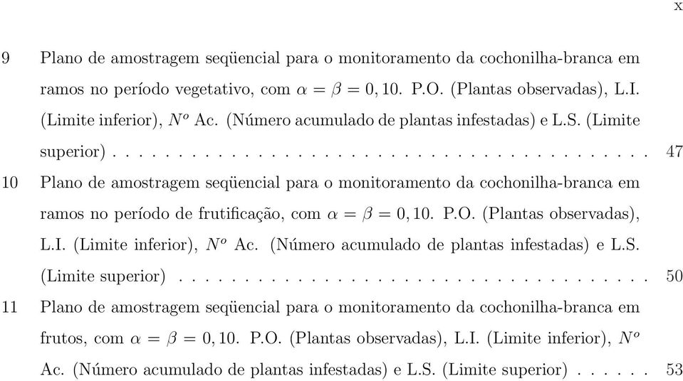 ........................................ 47 10 Plano de amostragem seqüencial para o monitoramento da cochonilha-branca em ramos no período de frutificação, com α = β = 0, 10. P.O.