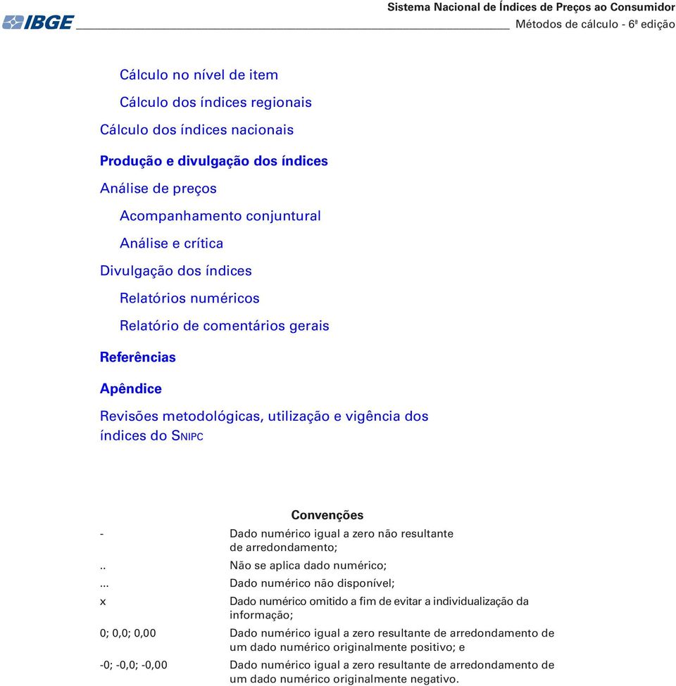 utilização e vigência dos índices do Snipc Convenções - Dado numérico igual a zero não resultante de arredondamento;.. Não se aplica dado numérico;.