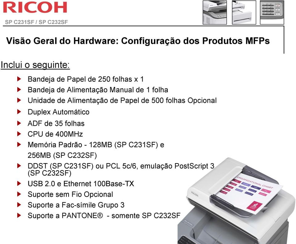 de 400MHz Memória Padrão - 128MB (SP C231SF) e 256MB (SP C232SF) DDST (SP C231SF) ou PCL 5c/6, emulação PostScript 3 (SP