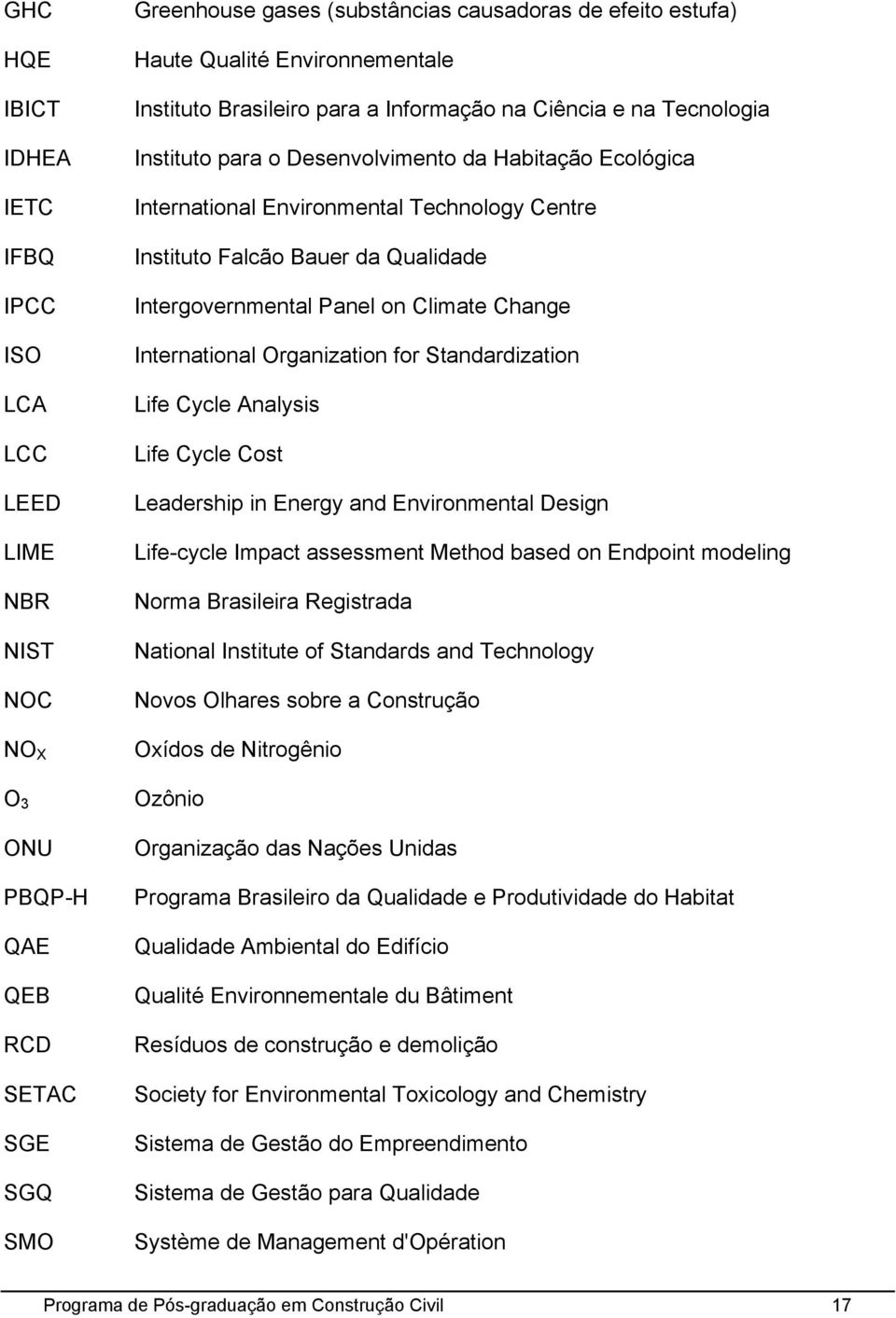 Falcão Bauer da Qualidade Intergovernmental Panel on Climate Change International Organization for Standardization Life Cycle Analysis Life Cycle Cost Leadership in Energy and Environmental Design