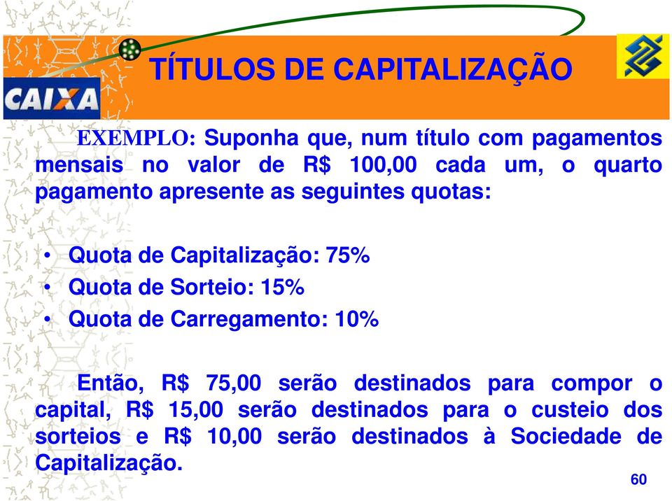 Quota de Carregamento: 10% Então, R$ 75,00 serão destinados para compor o capital, R$ 15,00