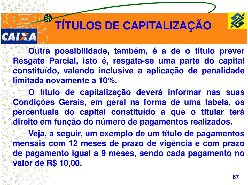 O título de capitalização deverá informar nas suas Condições Gerais, em geral na forma de uma tabela, os percentuais do capital constituído a que o