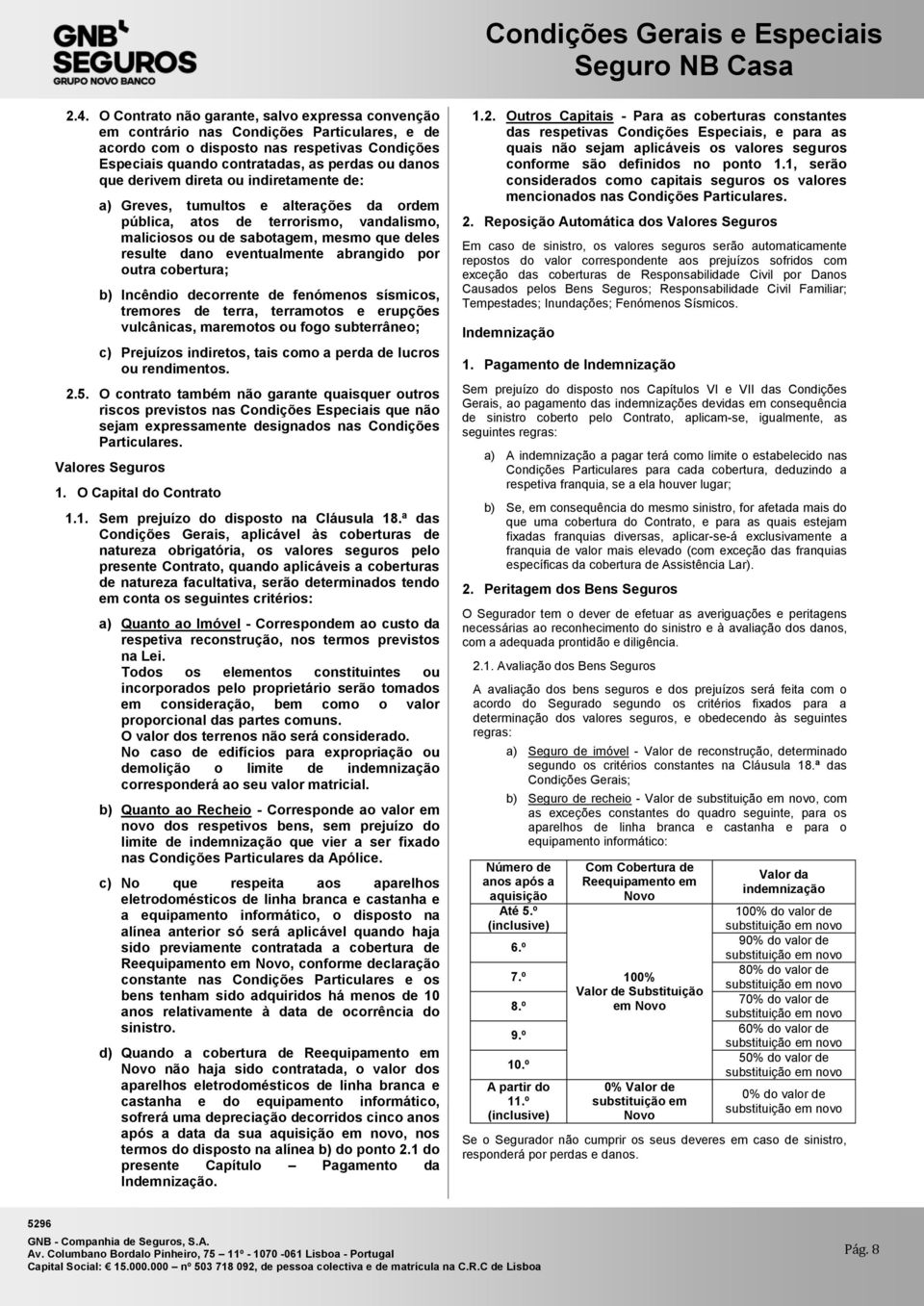 por outra cobertura; b) Incêndio decorrente de fenómenos sísmicos, tremores de terra, terramotos e erupções vulcânicas, maremotos ou fogo subterrâneo; c) Prejuízos indiretos, tais como a perda de