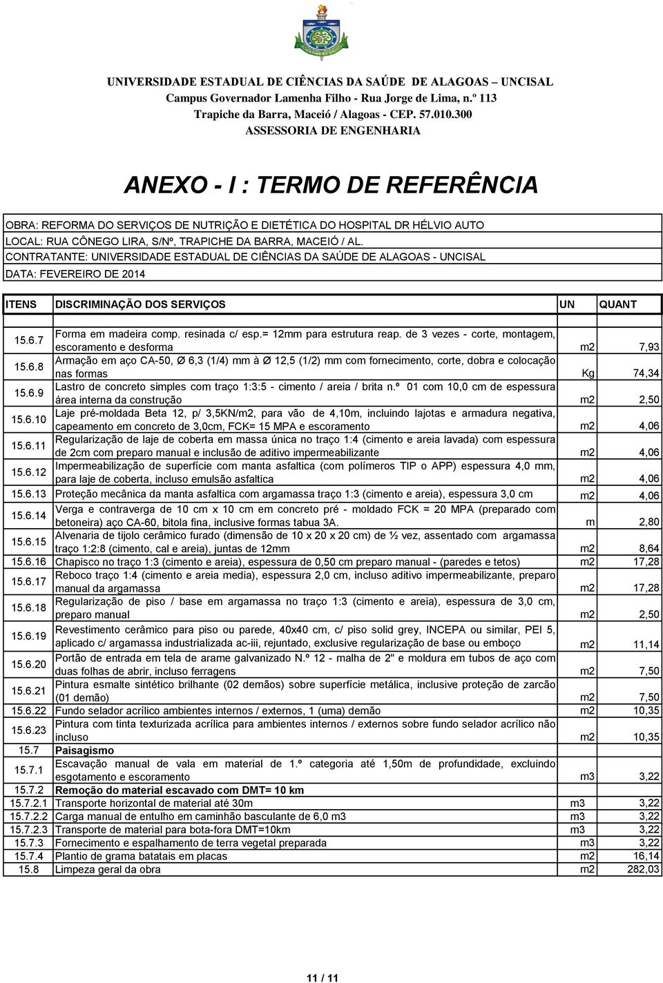 6.11 Regularização de laje de coberta em massa única no traço 1:4 (cimento e areia lavada) com espessura de 2cm com preparo manual e inclusão de aditivo impermeabilizante m2 4,06 15.6.12 Impermeabilização de superfície com manta asfaltica (com polímeros TIP o APP) espessura 4,0 mm, para laje de coberta, incluso emulsão asfaltica m2 4,06 15.