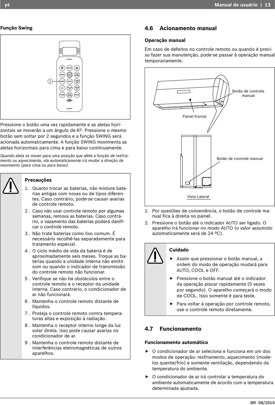 ON/OFF MODE SHORT CUT SPEED 1 SWING SLEEP ON LED TURBO FOLLOW ME SELF CLEAN OFF FRESH Botão de controle manual Painel frontal Pressione o botão uma vez rapidamente e as aletas horizontais se moverão