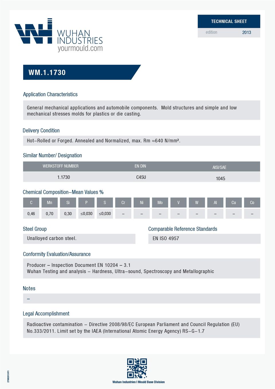 imilar Number/ Designation ERKTOFF NUMBER EN DIN AII/AE 1.1730 45U 1045 hemical ompositionmean alues % i r u o 0,46 0,70 teel Group Unalloyed carbon steel.