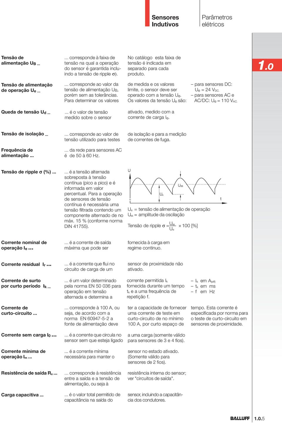 Para determinar os valores de medida e os valores limite, o sensor deve ser operado com a tensão U e. Os valores da tensão U e são: para sensores DC: U e = 24 V DC.