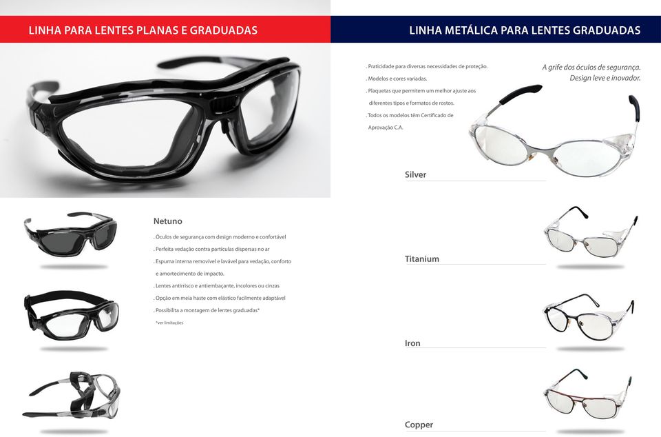 Óculos de segurança com design moderno e confortável. Perfeita vedação contra partículas dispersas no ar.