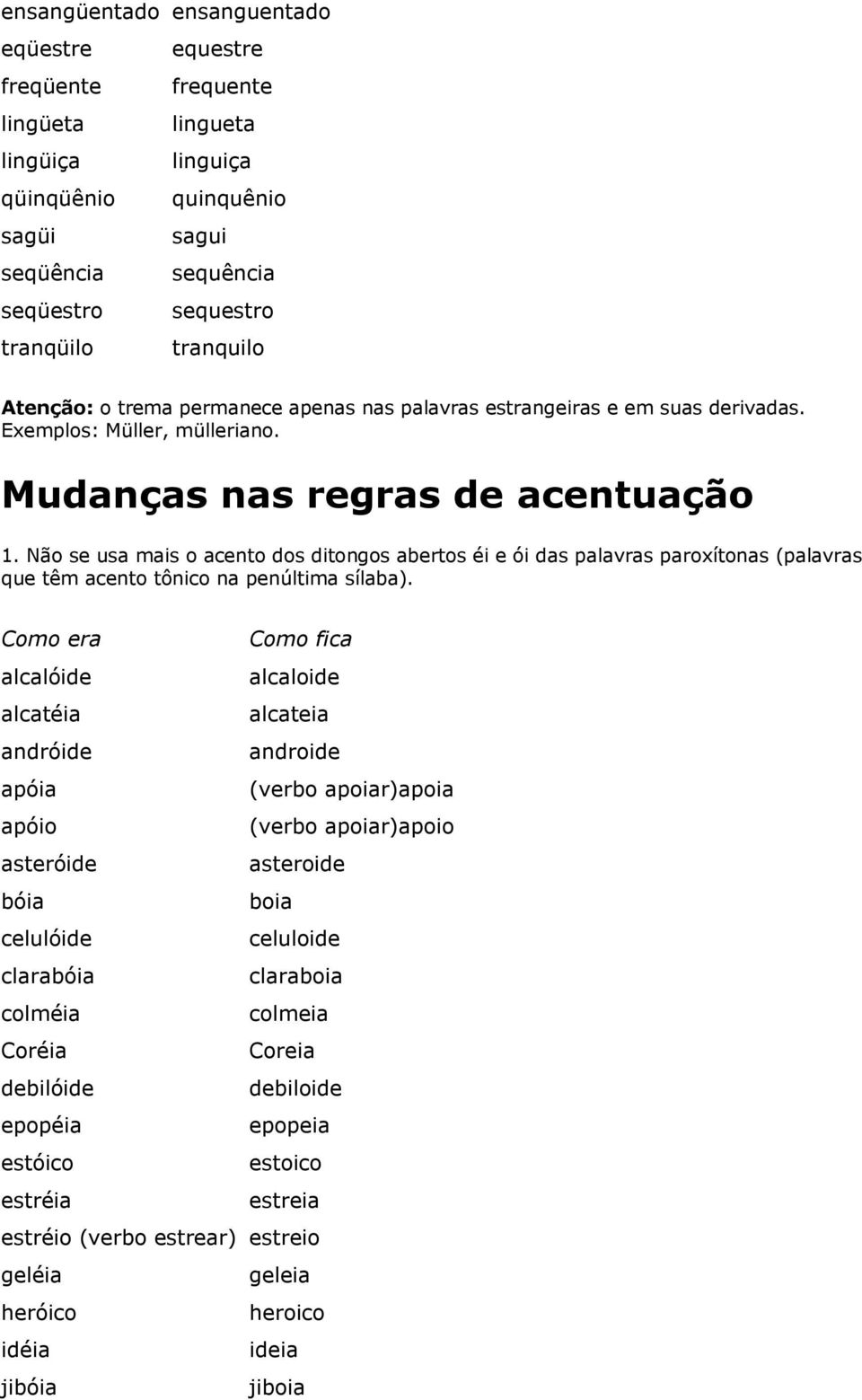 Não se usa mais o acento dos ditongos abertos éi e ói das palavras paroxítonas (palavras que têm acento tônico na penúltima sílaba).