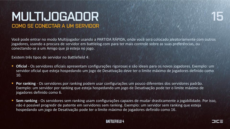 Existem três tipos de servidor no Battlefield 4: Oficial - Os servidores oficiais apresentam configurações rigorosas e são ideais para os novos jogadores.