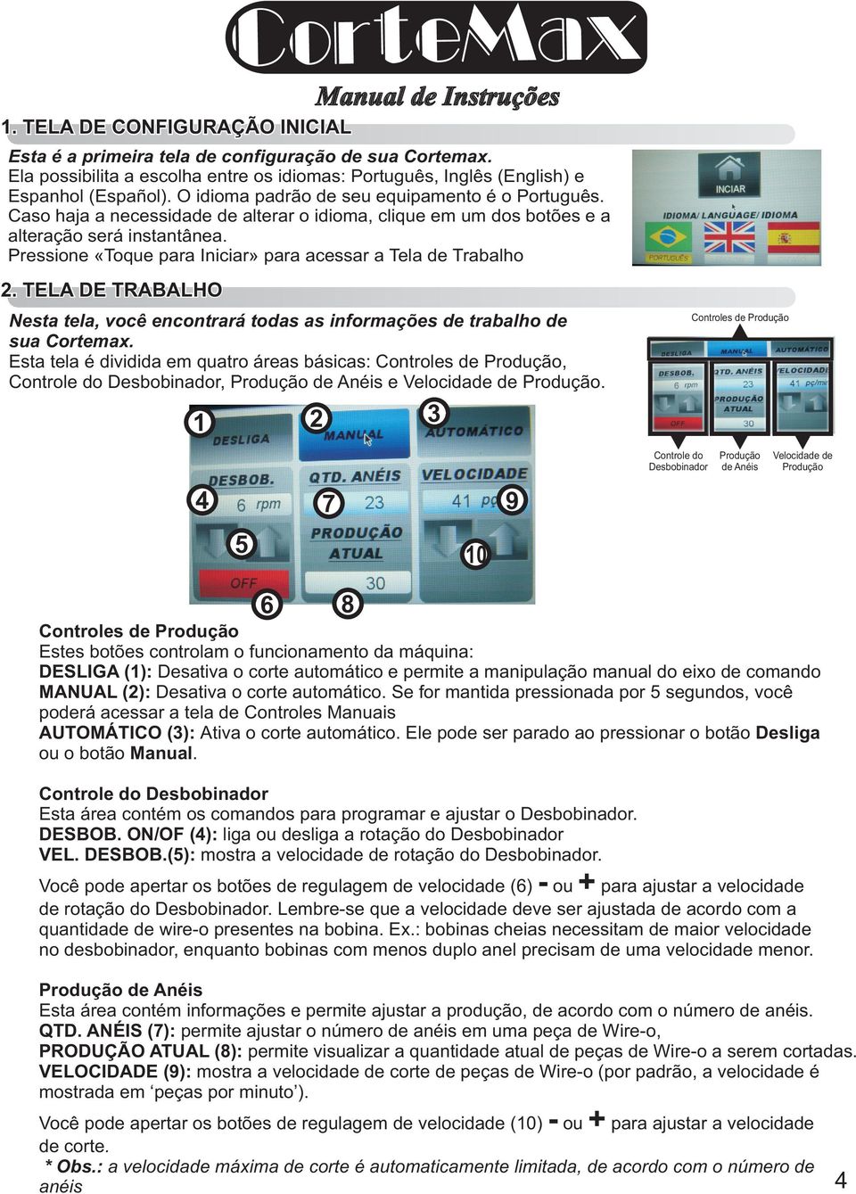 Pressione «Toque para Iniciar» para acessar a Tela de Trabalho 2. TELA DE TRABALHO Nesta tela, você encontrará todas as informações de trabalho de sua Cortemax.